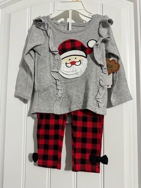 Cute Baby Essentials size 12 month embroidered Santa buffalo plaid pants set new